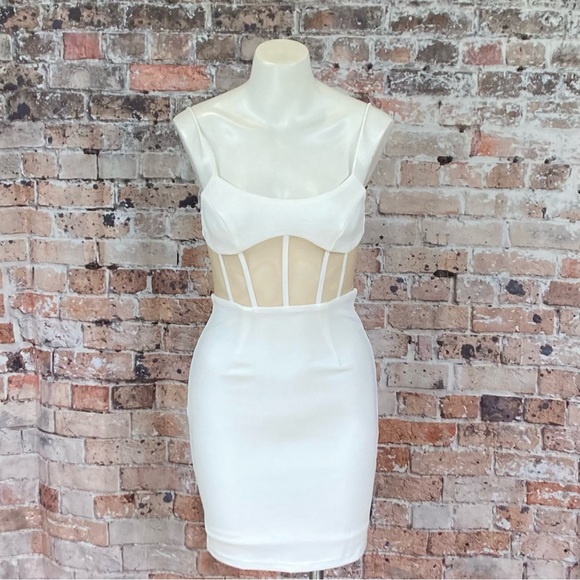 Angel Biba Dresses & Skirts - Angel Biba Corseted Mini Dress Blind Date Nude Mesh Bodycon White Sz Small
